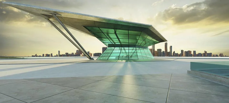 3D empty concrete floor with polygon shape design modern building exterior... Fotos de archivo