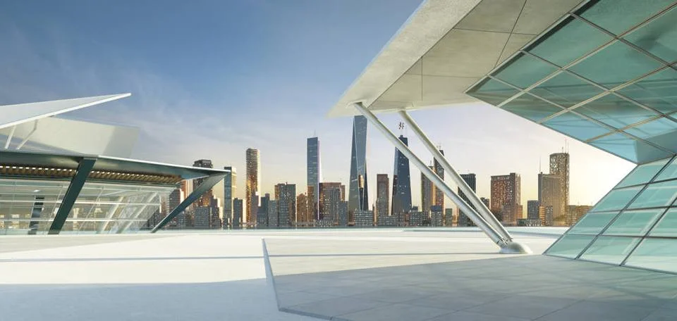 3D empty concrete floor with polygon shape design modern building exterior... Foto stock