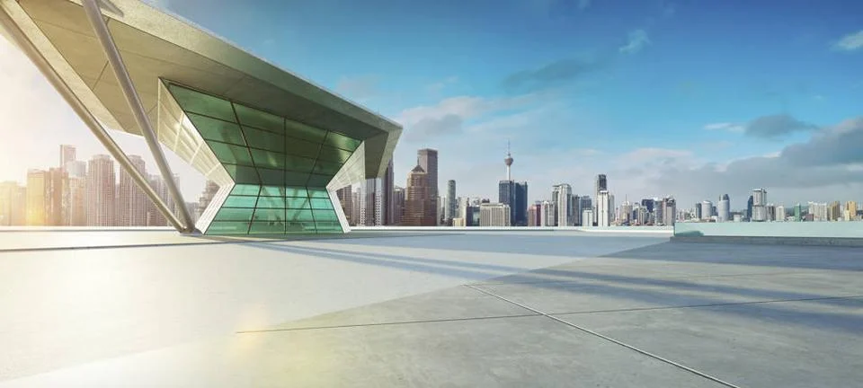 3D empty concrete floor with polygon shape design modern building exterior... 스톡 사진