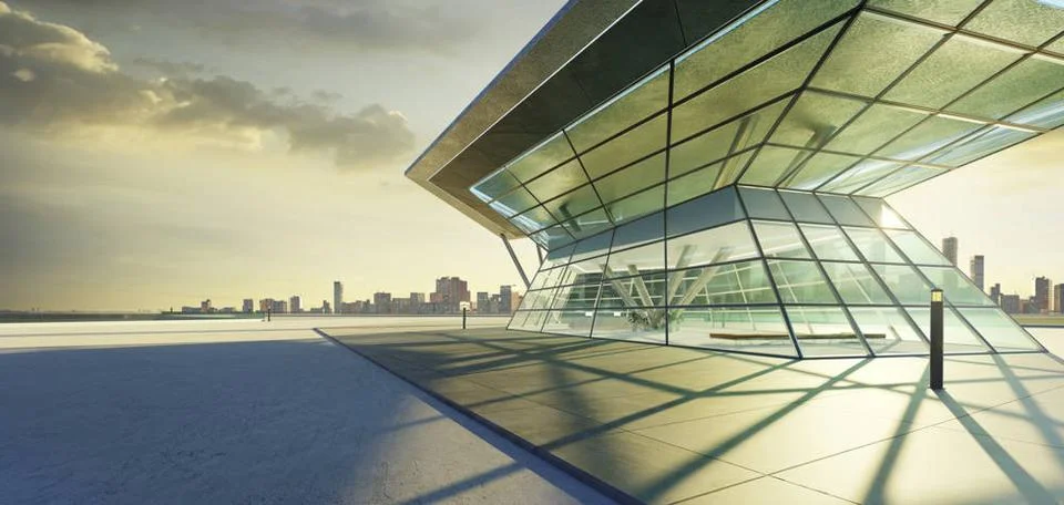 3D empty concrete floor with polygon shape design modern building exterior... Foto stock