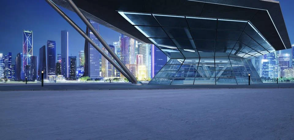 3D empty concrete floor with polygon shape design modern building exterior... Stock Photos