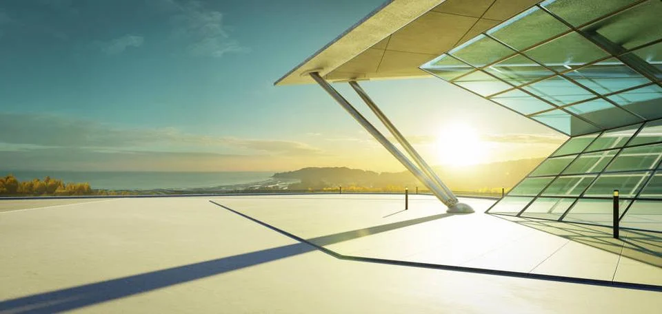 3D empty concrete floor with polygon shape design modern building exterior... Fotos de archivo