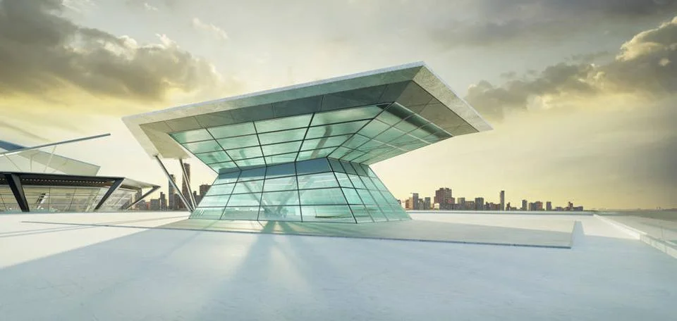 3D empty concrete floor with polygon shape design modern building exterior... 스톡 사진