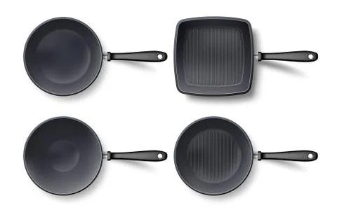 3d empty frying pan set top view, isolated on white. Realistic grill and wok Stock Illustration