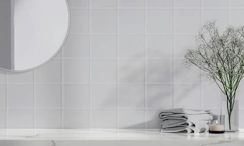 3d empty marble table counter with flower, candle and towel. mockup space for Stock Illustration