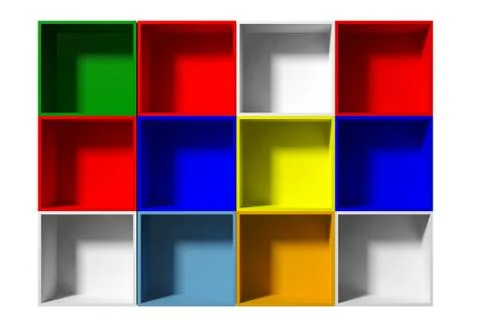 3d Empty multi colored shelves for exhibit Stock Illustration