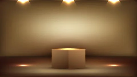 3D empty podium elegant golden studio room background with spotlight on stage Illustrazione stock