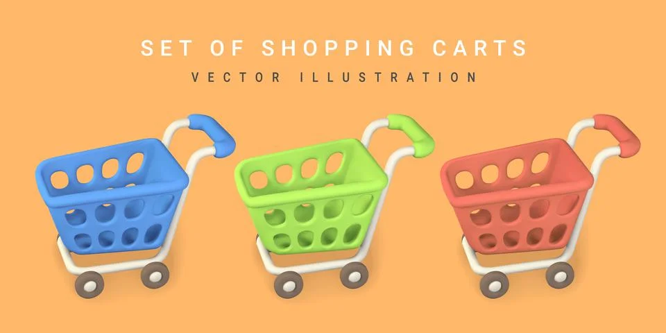 3d empty red, green and blue shopping carts. Shopping concept. Vector illustr Stock Illustration