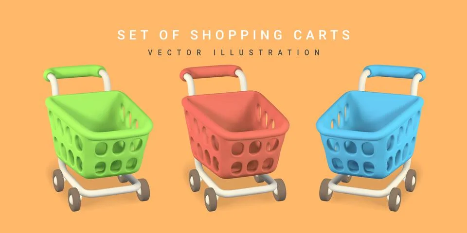 3d empty red, green and blue shopping carts. Shopping concept. Vector illustr Stock Illustration