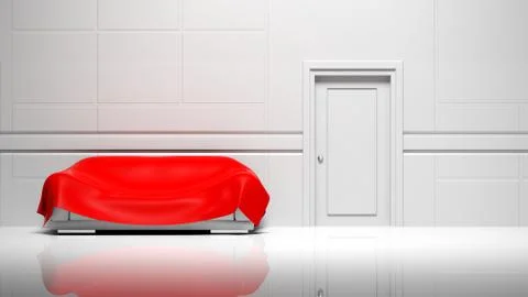 3D empty room, walls, door and sofa with red cover Stock Illustration