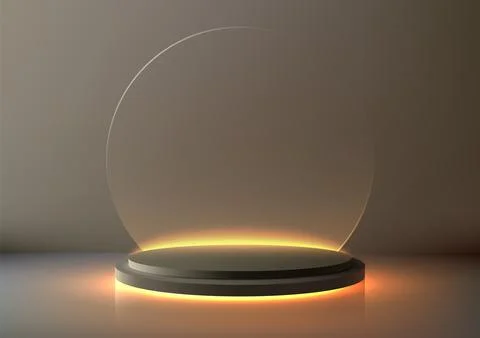 3D empty stage black color circle podium with circle transperent glass back.. Illustrazione stock