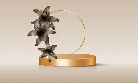 3d empty stage with round arch decorated with gold flowers, vector isolated Stock Illustration