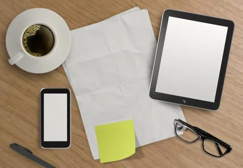 3d empty tablet and a cup of coffee with note pad on the wooden desk Stock Illustration