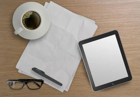 3d empty tablet and a cup of coffee on the wooden desk Stock Illustration