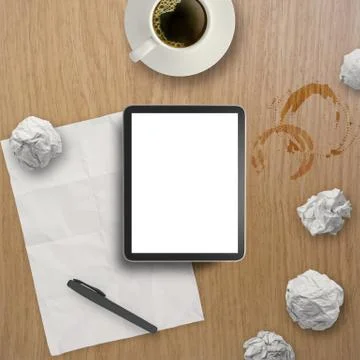 3d empty tablet and a cup of coffee on the wooden desk Stock Illustration