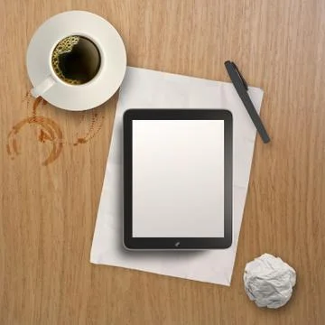 3d empty tablet and a cup of coffee on the wooden desk Stock Illustration