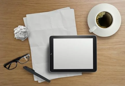 3d empty tablet and a cup of coffee on the wooden desk Stock Illustration