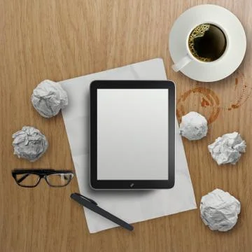 3d empty tablet and a cup of coffee on the wooden desk Ilustración de archivo