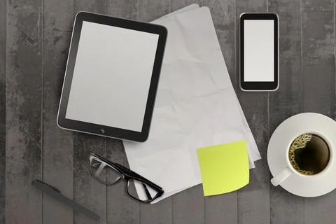 3d empty tablet and a cup of coffee with note pad on the grunge wooden desk Stock Illustration