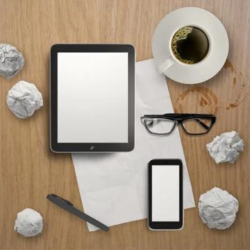 3d empty tablet with mobile phone and a cup of coffee on the wooden desk Stock Illustration