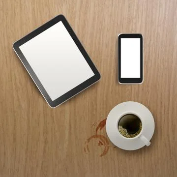 3d empty tablet with mobile phone and a cup of coffee on the wooden desk Stock Illustration