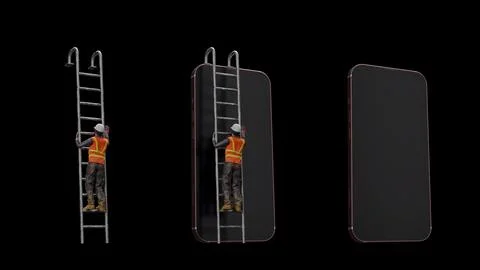 3D engineer standing on ladder to check and fix big mobile phone. Stock Illustration