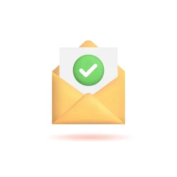 3d envelope with check mark icon, realistic green tick button, isolated on white Illustration