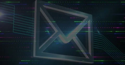 3D envelope emerging triggers glitching and circuit pulsing while rotating for Stock Footage 316624297