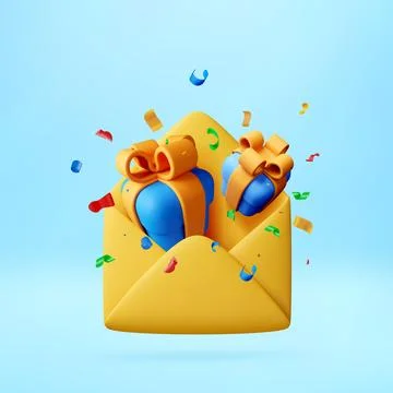 3D envelope with gift boxes and confetti flying Ilustração Stock
