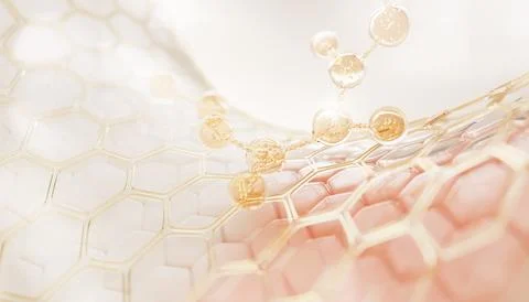 3d epidermis skin layer with hexagon cell pattern and molecule. Gold liquid Stock-Illustration