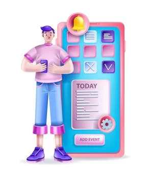 3D event schedule calendar vector illustration, busy man character Illustrazione stock