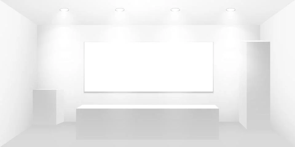 3D exhibition booth. White empty promotional stand with desk. Vector white empty Stock Illustration