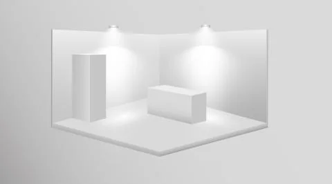 3D exhibition booth. White empty promotional stand with desk. Vector white empty Stock-Illustration