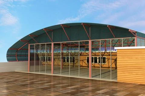 3D Exterior Render of Modern Pavilion with Curved Roof and Glass Facade Ilustración de archivo