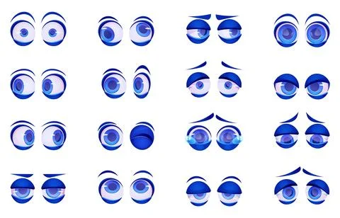 3d eyes set. Cartoon comic face, emoji or cute eyeball sides with eyebrows Stock Illustration