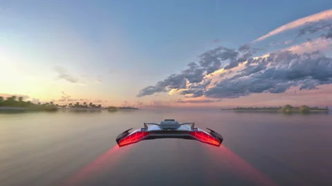 3d fake Video Game. Flight over the ocean at sunset Stock Footage 131681587