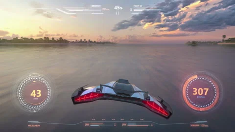 3d fake Video Game. Flight over the ocean at sunset. Hud Stock Footage 131681719