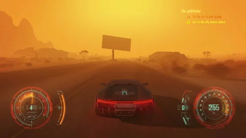 3D Fake Video game with hud. Driving a car across the desert during a sandstorm Stock Footage