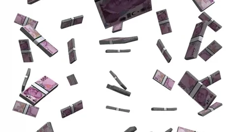 3D Falling Animation of Turkey 200 Lira Banknotes Money Stack on White Backg Video stock 265619134