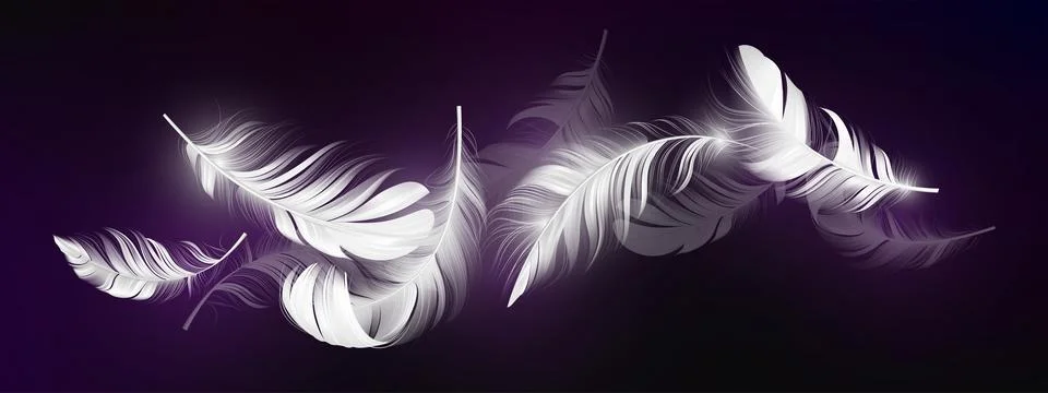 3D falling feathers on deep purple background. Stock Illustration