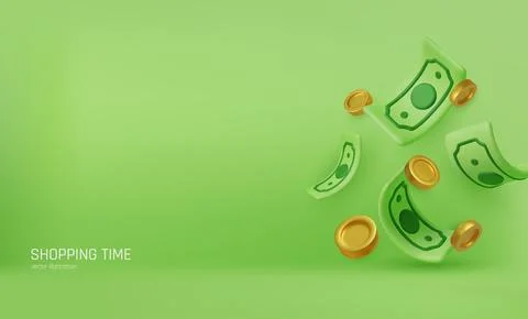 3D falling hundred dollars and gold coins. Cartoon paper currency and coins Stockillustratie