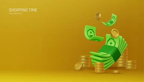 3D falling hundred dollars and gold coins. Cartoon paper currency and coins Stock Illustration