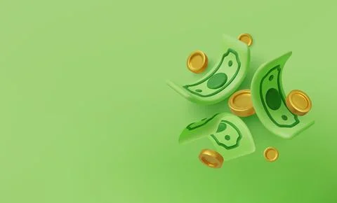 3D falling hundred dollars and gold coins. Cartoon paper currency and coins Stock Illustration