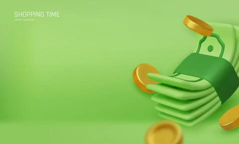 3D falling hundred dollars and gold coins. Cartoon paper currency and coins Stock Illustration
