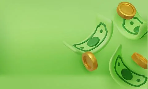 3D falling hundred dollars and gold coins. Cartoon paper currency and coins Illustrazione stock