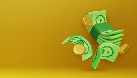 3D falling hundred dollars and gold coins. Cartoon paper currency and coins Illustrazione stock