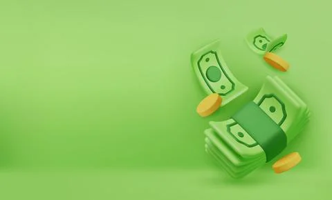 3D falling hundred dollars and gold coins. Cartoon paper currency and coins Stock Illustration