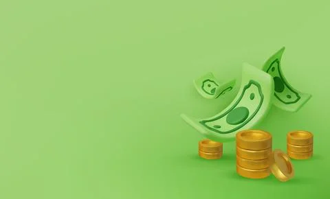 3D falling hundred dollars and gold coins. Cartoon paper currency and coins Illustrazione stock