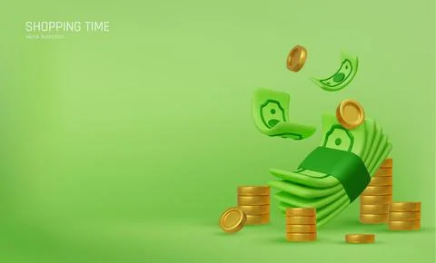 3D falling hundred dollars and gold coins. Cartoon paper currency and coins Stock Illustration