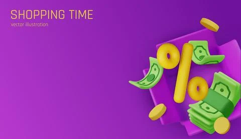 3D falling hundred dollars and gold coins. Cartoon paper currency and coins Stock Illustration